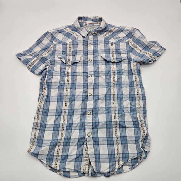 Lucky Brand Other - Lucky Brand Short Sleeve Plaid Western Shirt S P Blue‎ White Embroidered